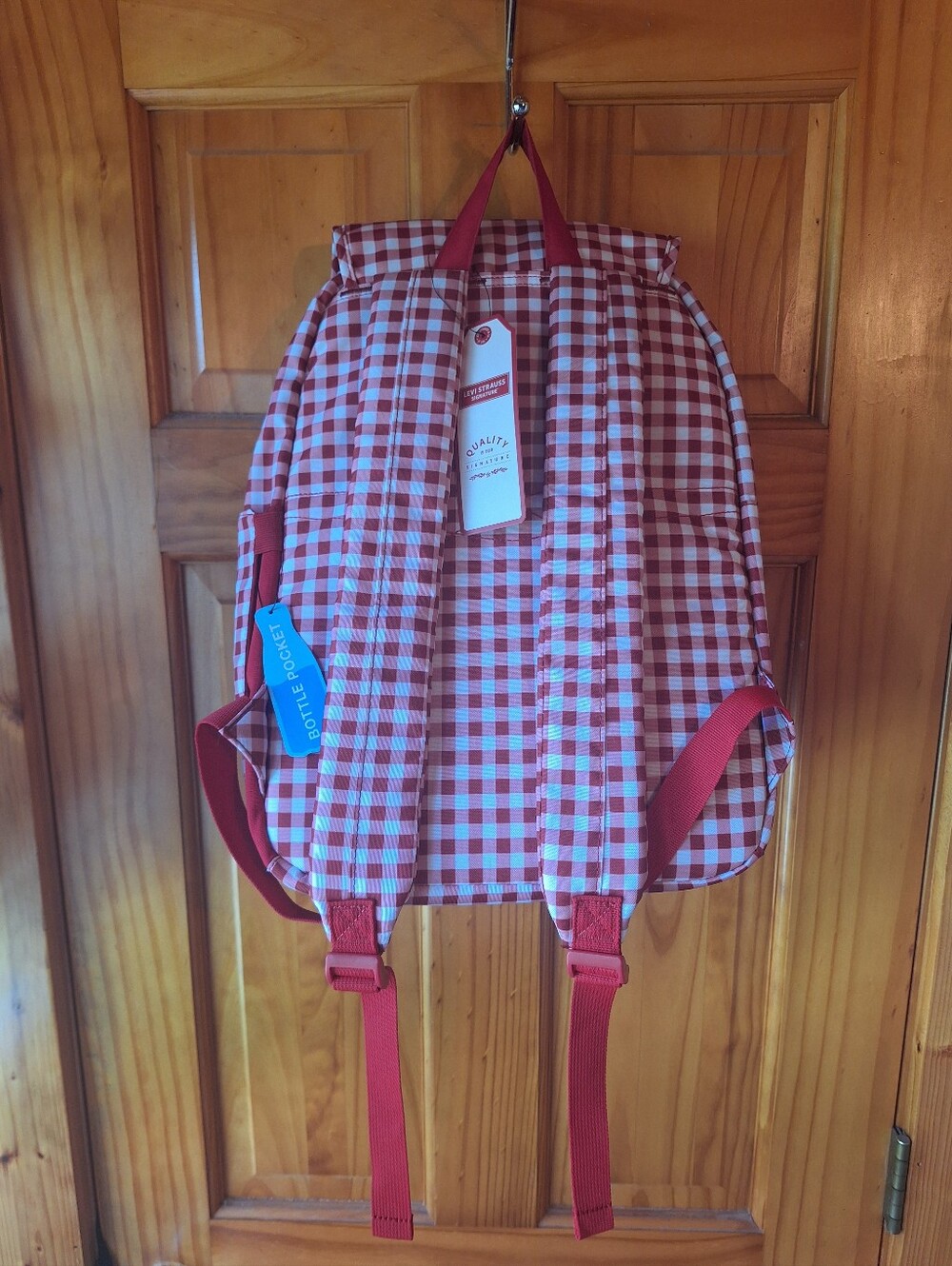Levi's Red and White Gingham Backpack with Flower Charm w/ 15" Laptop Sleeve. - Picture 3 of 4
